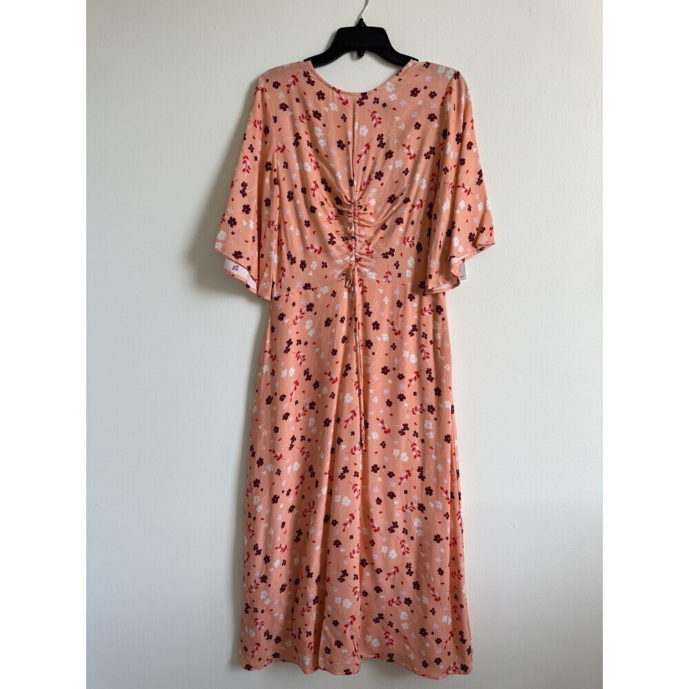 NSR Women's Short Sleeve Midi Dress Pink Coral Flora Floral Print Size L, NWT